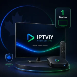 IPTVIY 1-device IPTV Canada plan shown on a TV with streaming box