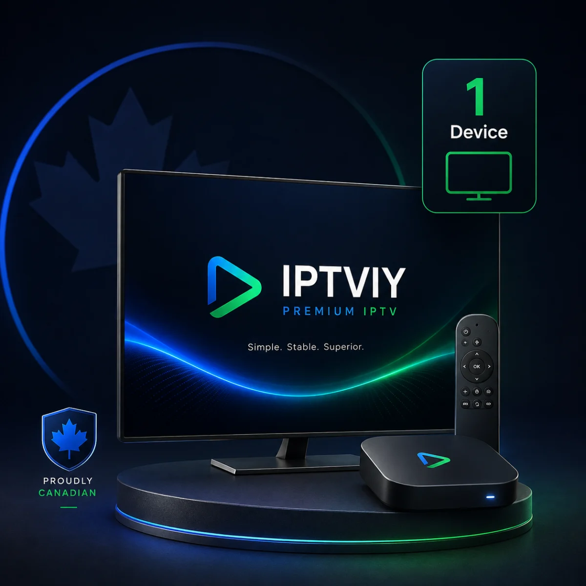 IPTVIY 1-device IPTV Canada plan shown on a TV with streaming box
