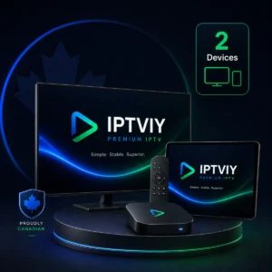 IPTVIY 2-device IPTV Canada plan shown on a TV and tablet with streaming box