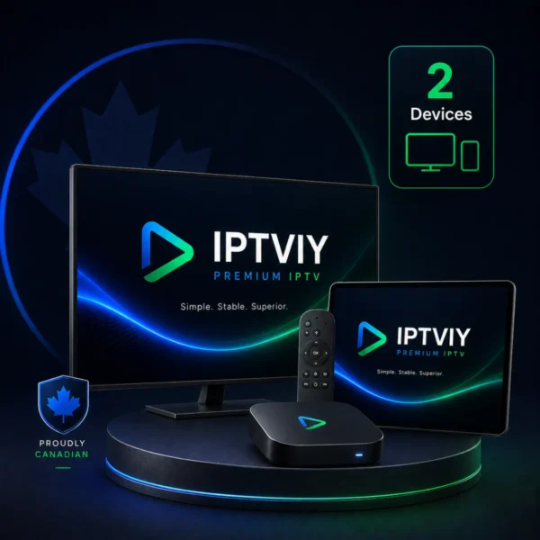 IPTVIY 2-device IPTV Canada plan shown on a TV and tablet with streaming box