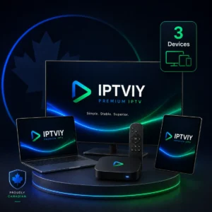 IPTVIY 3-device IPTV Canada plan shown across a TV, laptop and tablet