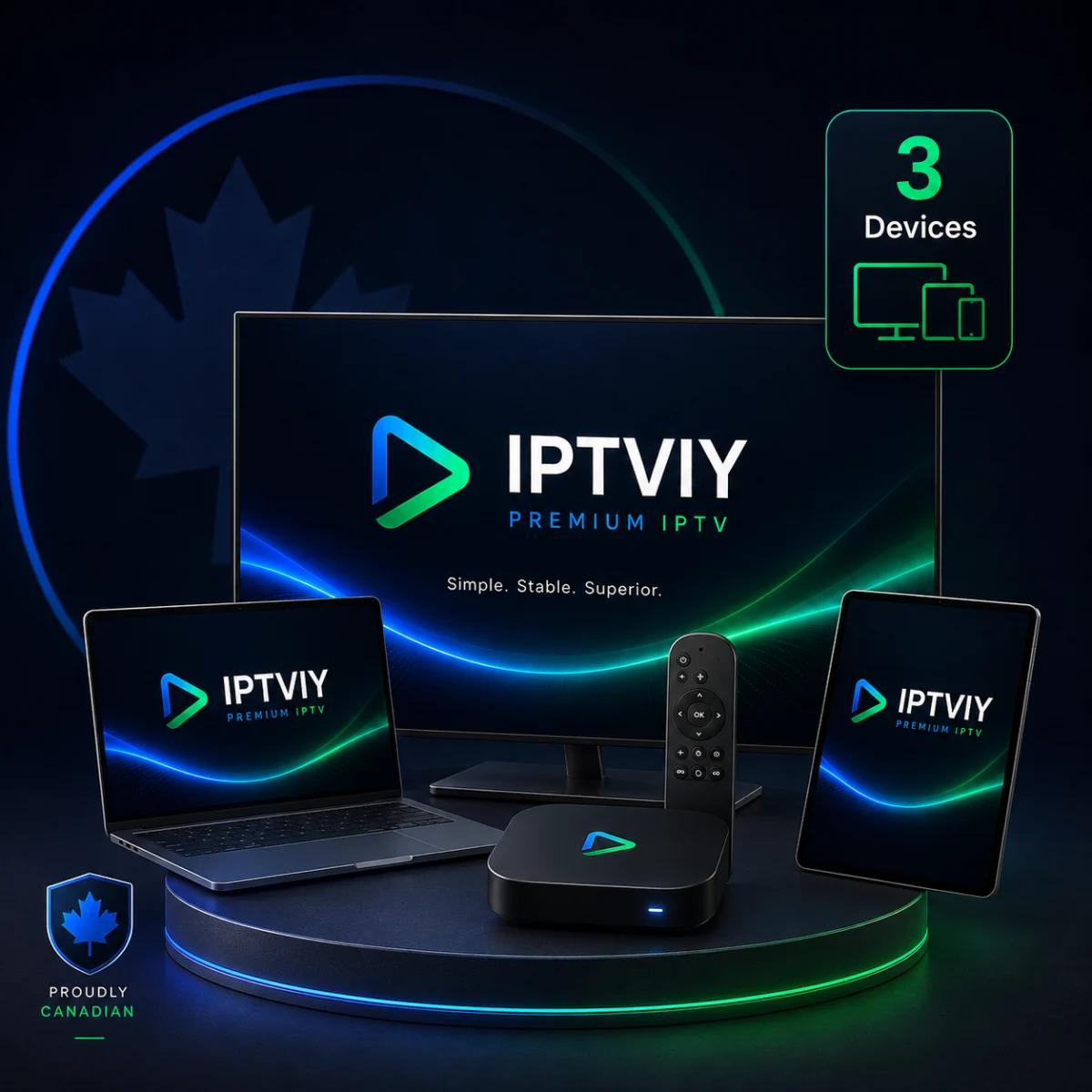 IPTVIY 3-device IPTV Canada plan shown across a TV, laptop and tablet