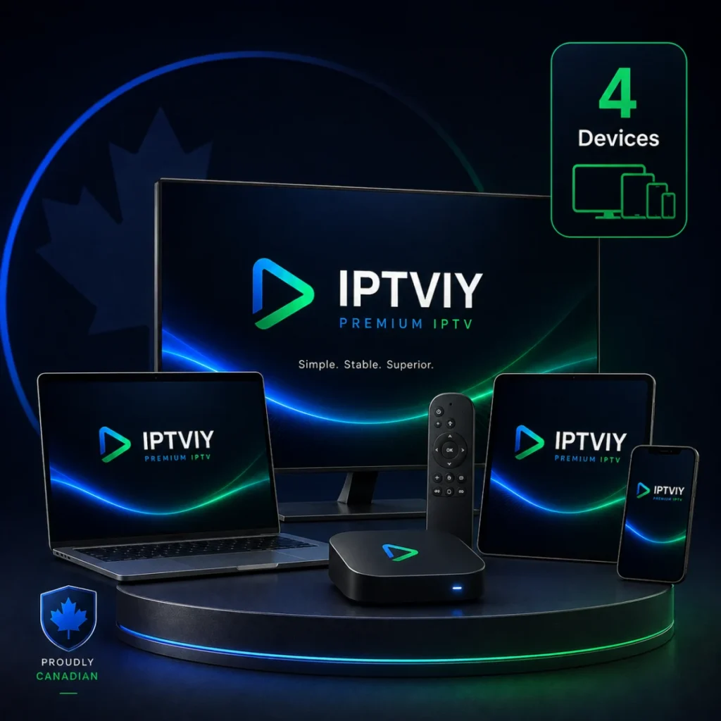 IPTVIY 4-device IPTV Canada plan shown across a TV, laptop, tablet and phone
