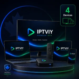 IPTVIY 4-device IPTV Canada plan shown across a TV, laptop, tablet and phone