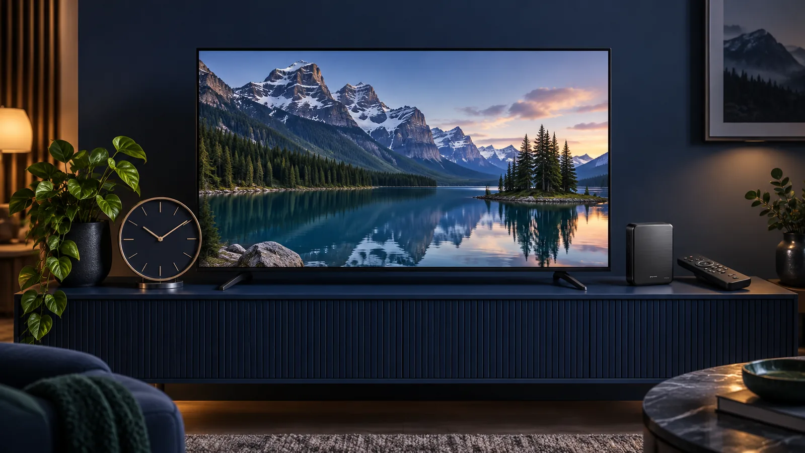 Television beside an analogue clock, portable storage drive and remote control