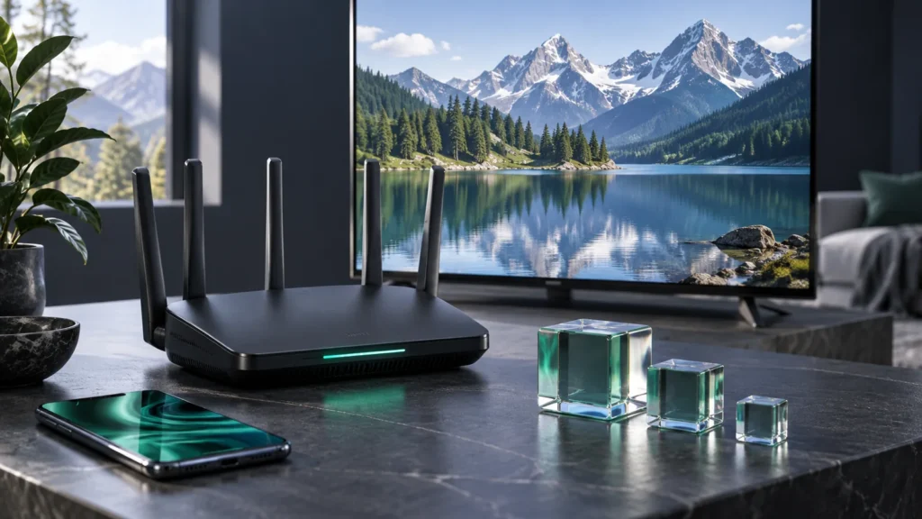 Home router, television and phone beside glass blocks representing streaming data