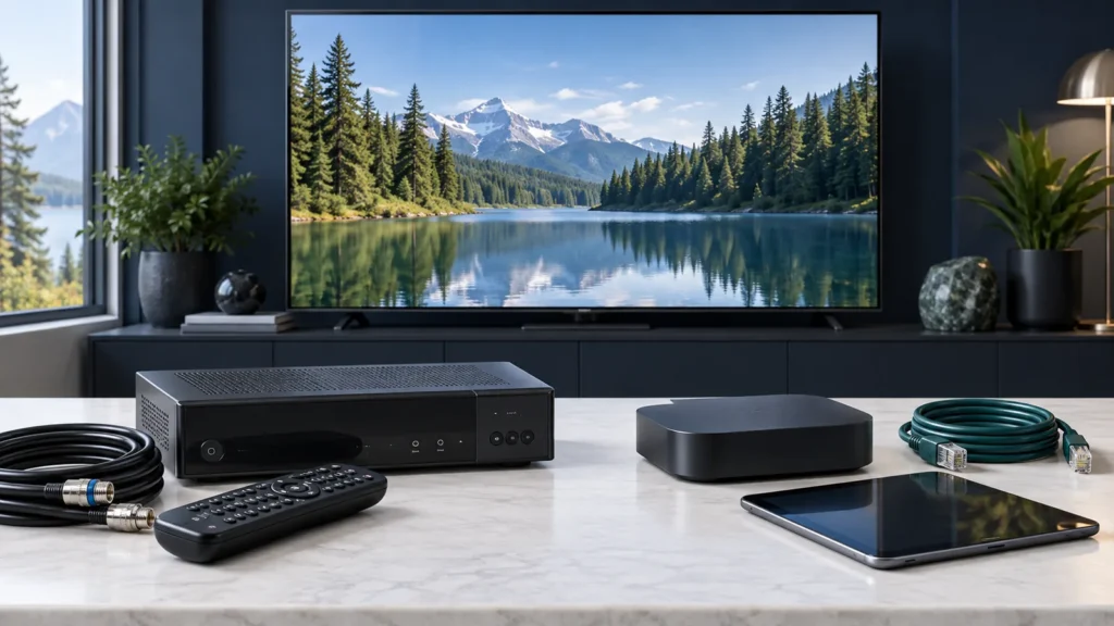 Cable receiver and coaxial cable beside a streaming box, Ethernet cable and tablet