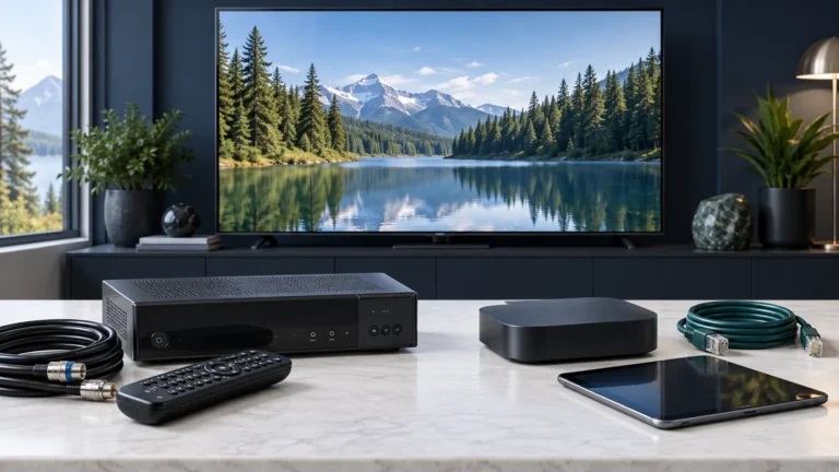 Cable receiver and coaxial cable beside a streaming box, Ethernet cable and tablet