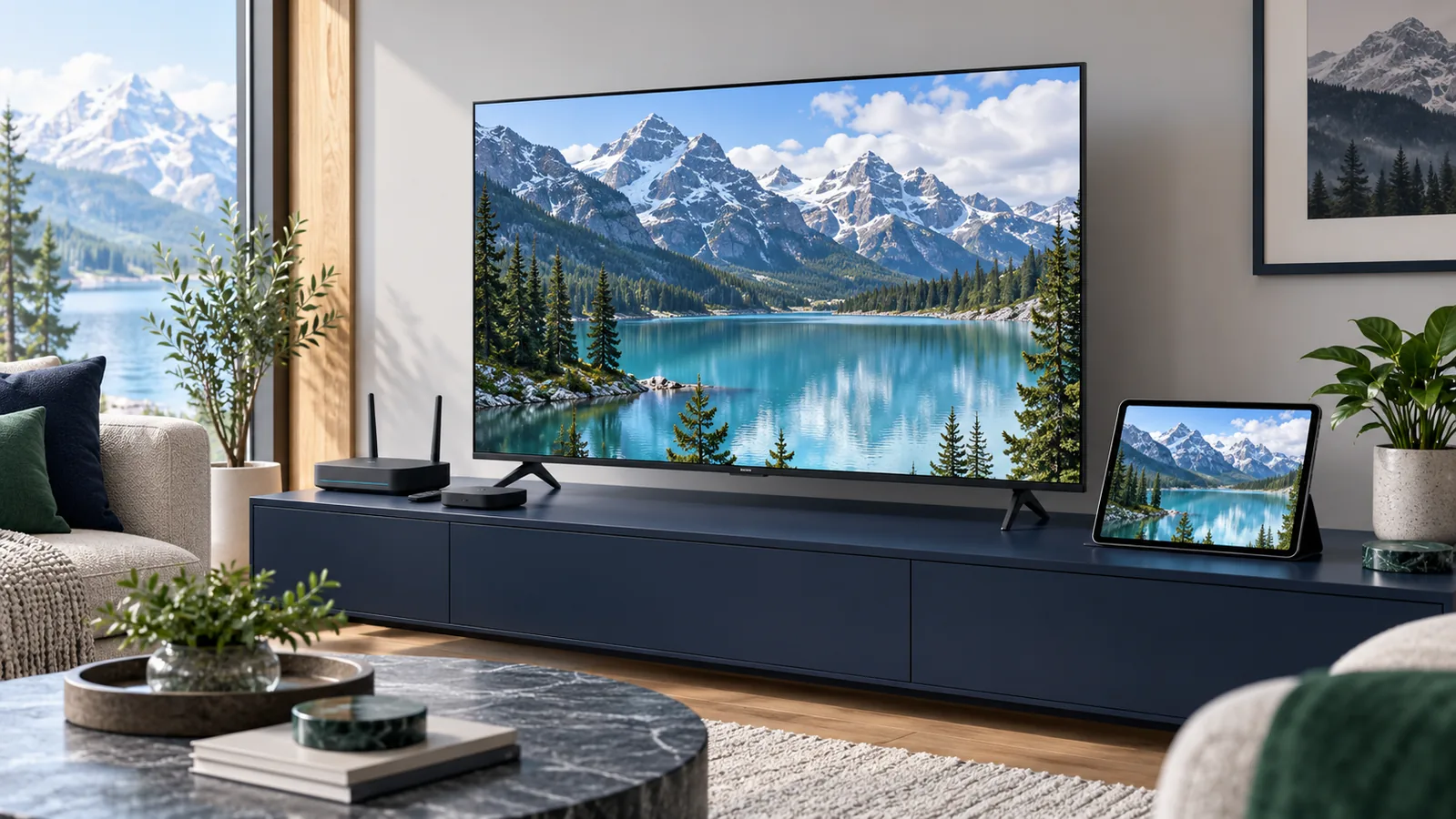 Television, router, streaming box and tablet arranged for home IPTV viewing
